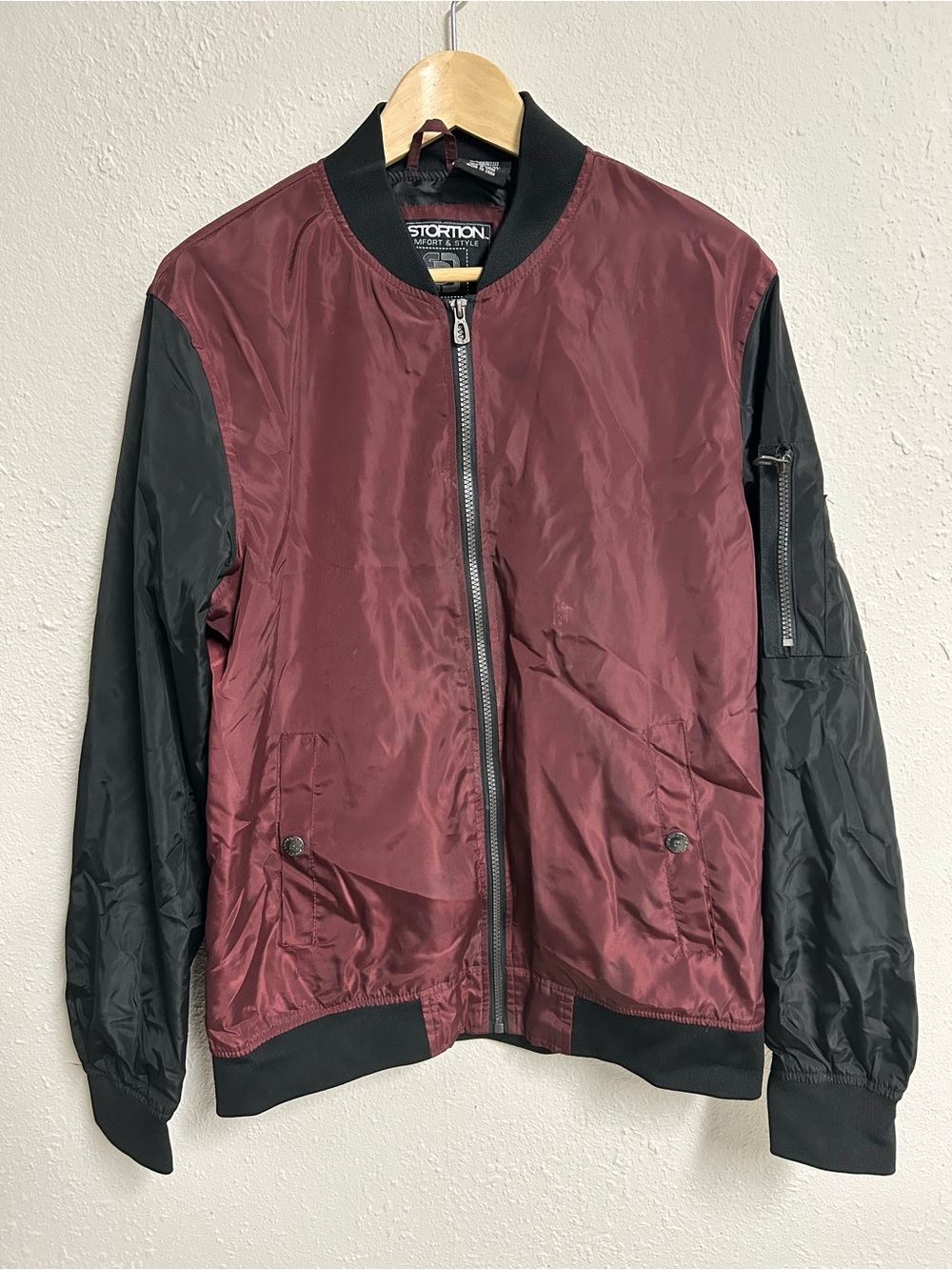 Distortion Burgundy Black Colorblock Full Zip Utility Bomber Flight Jacket L